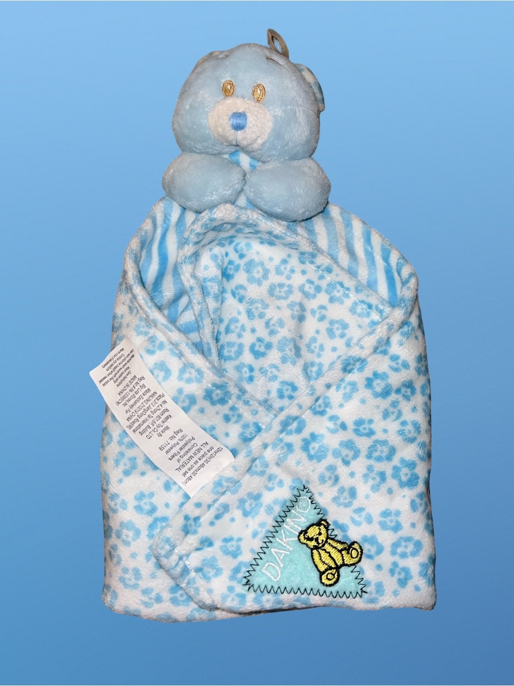 Dakin Blue White Teddy Bear Lovey Security Blanket  Striped/floral Rattle